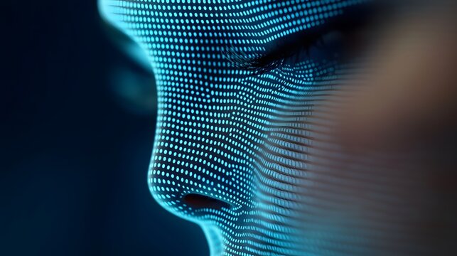 Close Up of a Face Composed of Blue Digital Data Stream