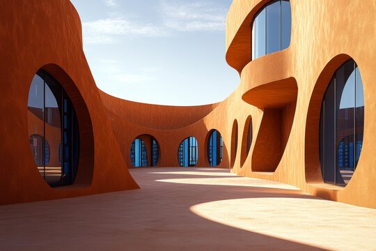 Futuristic Clay Library in Desert Setting with Organic Architecture