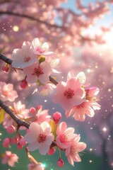 Pink cherry blossoms bloom on a tree branch, a beautiful floral display of spring nature