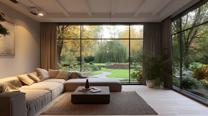 Fototapeta premium Modern living room with minimalist decor and large windows overlooking a garden