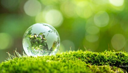 地球の未来への希望：緑の苔の上に輝くガラスの地球儀 - 持続可能な社会への願い