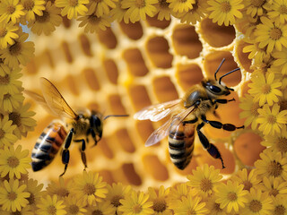 Two Honeybees in Flight Near Honeycomb Framed by Yellow Daisies