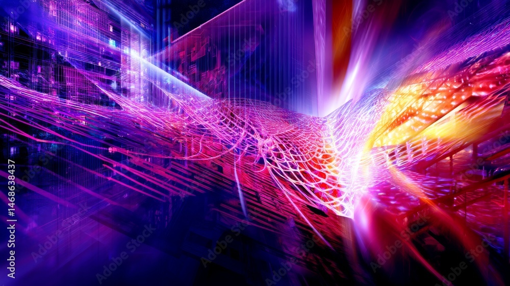 Poster cybernetic landscape with cascading light trails, visualized time flows intersecting digital structu