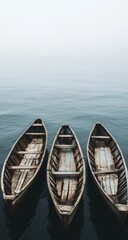 Obraz premium Three weathered wooden boats on a misty lake (2)