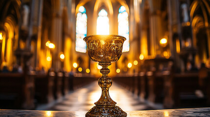 A gold cup is sitting on a table in a church
