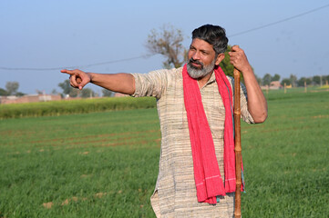 Indian farmer pointing finger aside indicate or workspace mockup while standing on the green wheat...