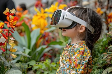Child Using Virtual Reality Headset in a Colorful Garden