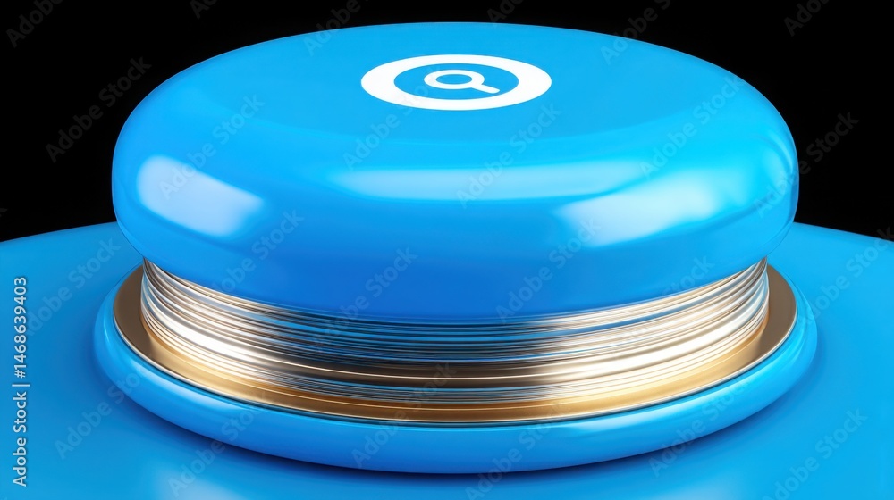 Poster spinning blue and gold object featuring a gear icon with a search symbol inside representing process