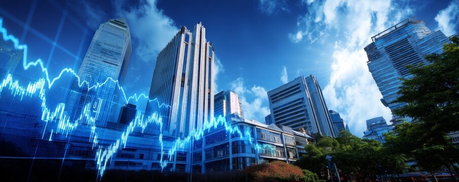 Stock Market Chart Over City Skyline with Swamp Background in Blue Theme