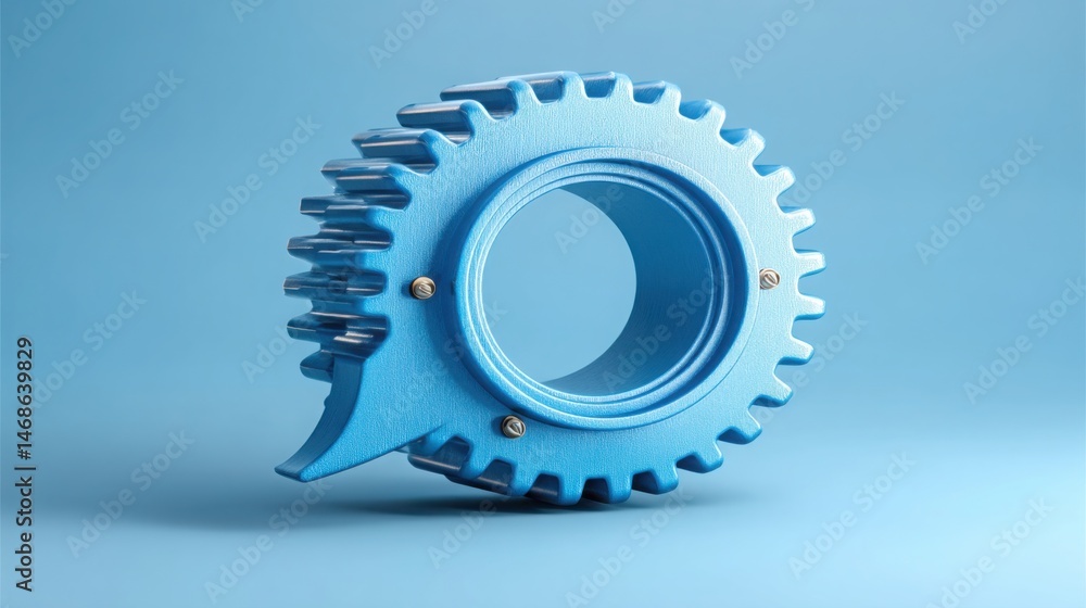 Poster close-up of a gear wheel inside a chat bubble symbolizing conversational automation and modern commu