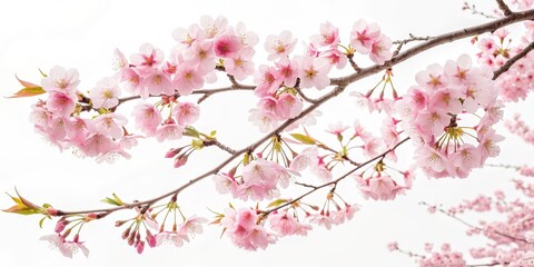 Fototapeta premium Pink Cherry Blossoms Branch on White, Spring , Floral