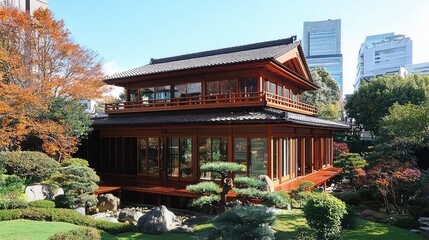 Obraz premium Japanese Style Building with Orange Exterior in Garden Setting Under Clear Sky Featuring Distant City Skyscrapers