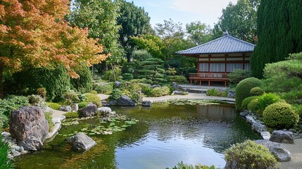 Fototapeta premium Japanese Style Pavilion Reflected in a Pond with Green Trees and Plants in a Serene and Tranquil Garden on a Sunny Day