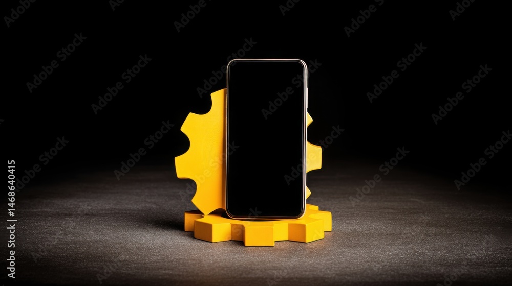 Poster cell phone on stand with gear symbol orbiting around mobile app icon representing modern application