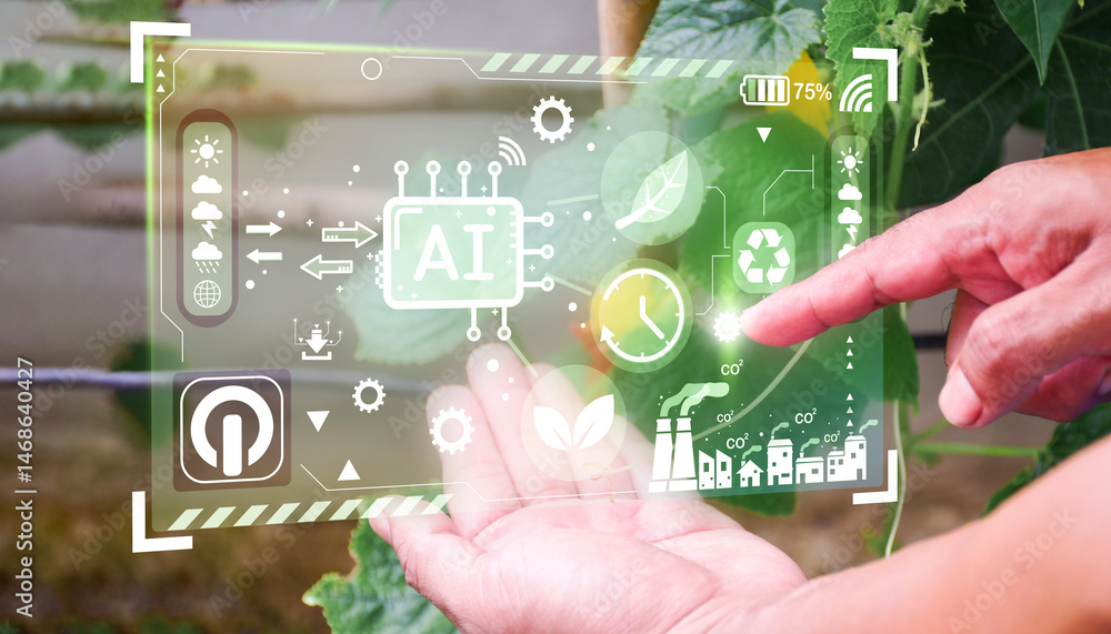Poster agricultural technology concept, ai system. man is working on a farm using a tablet controller with 