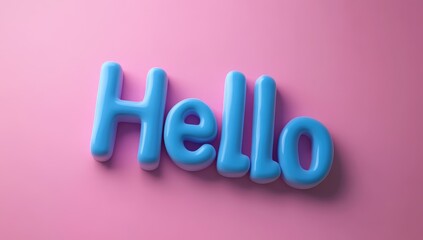 Light blue "Hello" in puffy 3D letters against pink background