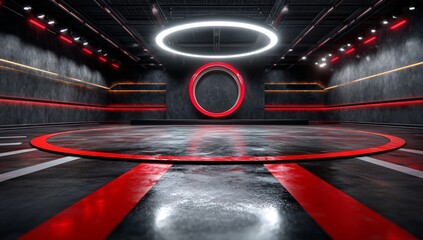 Futuristic Red and Black Virtual Studio Set with Ring Light
