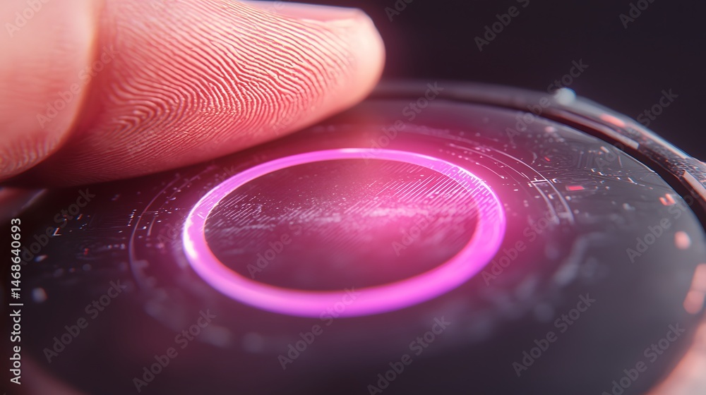 Poster close up of finger touching pink illuminated circular button on futuristic device