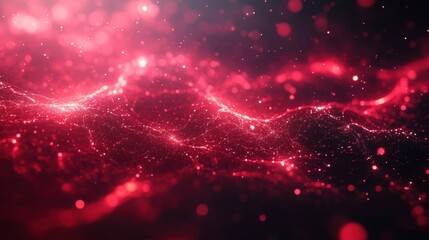 Obraz premium Red Abstract Light Waves with Glittering Particles in Dark Background