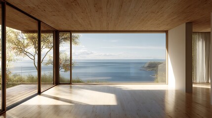 Modern minimalist architecture featuring a coastal view with natural light and wood accents