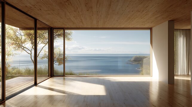 Modern minimalist architecture featuring a coastal view with natural light and wood accents