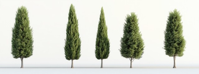 Five slender evergreen trees, varying heights, isolated against white backdrop