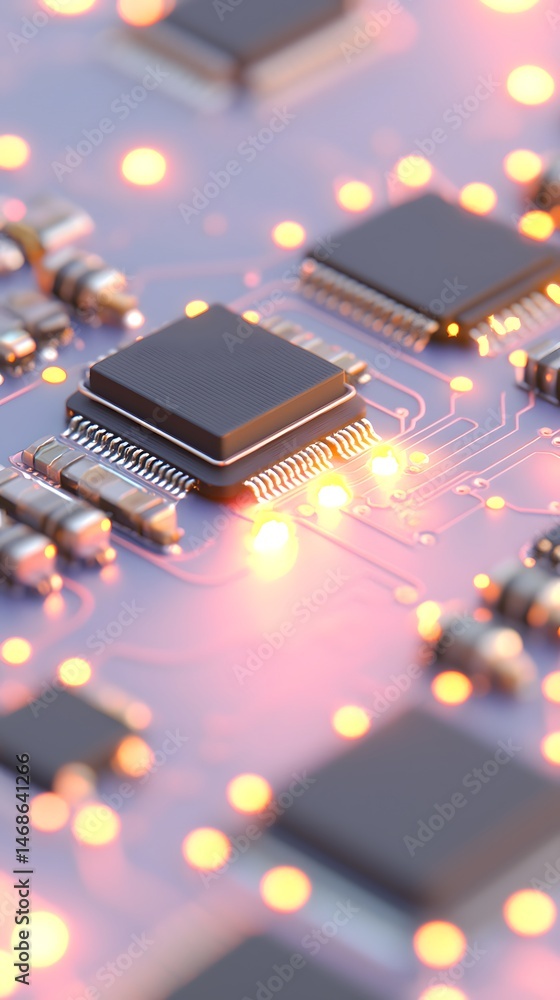 Poster close up of glowing circuit board with microchip