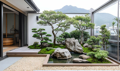 Serene Zen Garden with Bonsai Trees and Rock Features