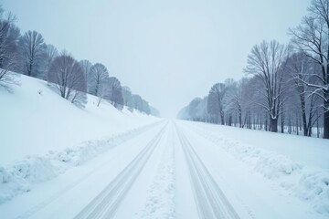 Obraz premium Serene Winter Road Through Snowy Landscape with Leafless Trees