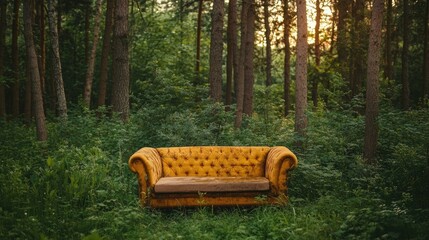 Sofa placed in middle of thick forest