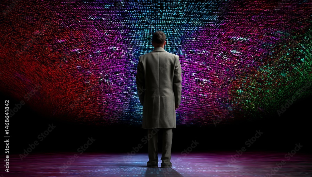 Poster businessman in virtual digital space surrounded by data and code