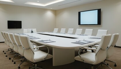 Modern conference room interior with long table and white leather chairs