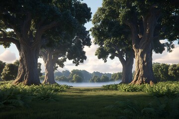 Majestic Oak Trees in a Serene Meadow Landscape at Sunrise A picturesque scene of nature's beauty