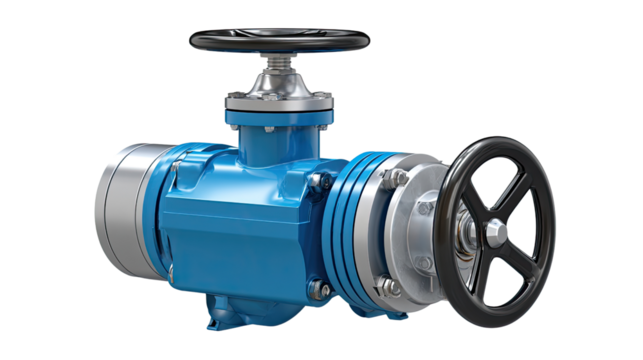 Industrial Valve: An isolated view of a modern, industrial valve. The image highlights the valve's metallic texture, circular handwheels, and intricate design.
