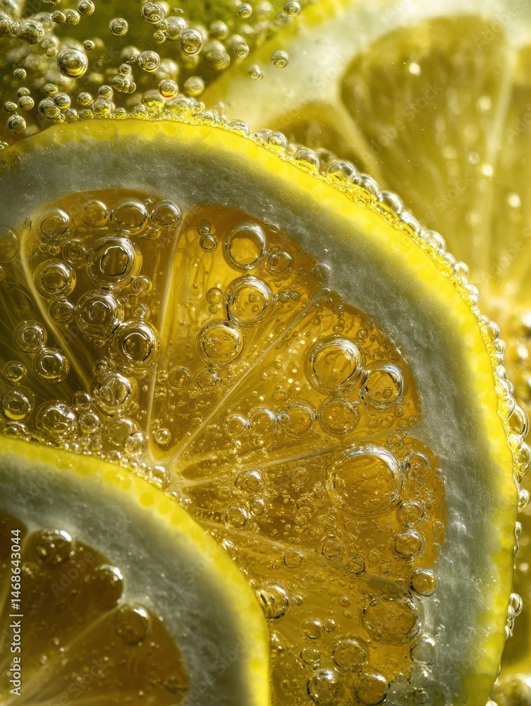 Poster lemon slices floating in sparkling water with bubbles to create a refreshing summer drink generative