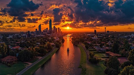 An aerial view of a city skyline at sunset is beautiful