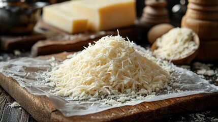 Grated cheese on wooden board with cheese blocks and wooden spoon.