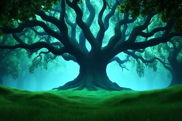 Fototapeta premium Majestic Ancient Oak Tree in Enchanting Misty Forest Scene A breathtaking view of nature's wonder