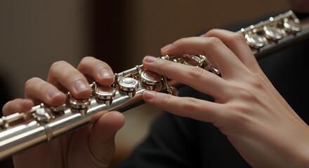 Close-up of Hands Playing a Silver Flute, Musical Instrument, Classical Music, Musician's Skill, Concert Performance, Melody, Harmony, Musical Notes, Wind Instrument, Flute Keys, Precise Fingering