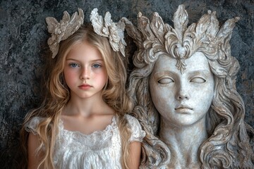 Obraz premium Elegant Girl with Floral Crown Next to Artistic Sculpture