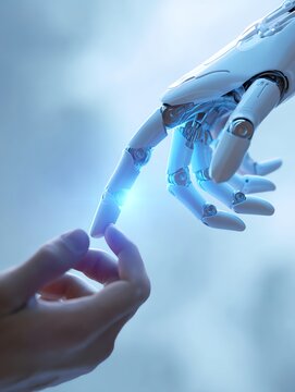 Human hand touches robot finger connection future