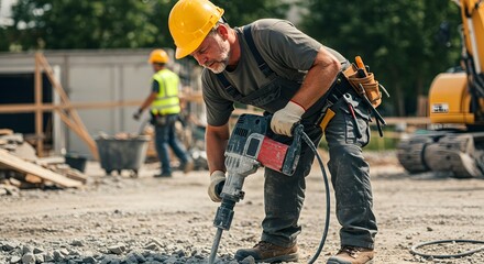 Construction Worker Using a Demolition Hammer on a Construction Site Powerful Image of Hard Work and Dedication