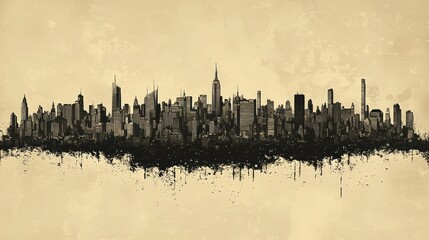 Fototapeta premium A monochrome illustration depicting an urban city skyline with grunge effects
