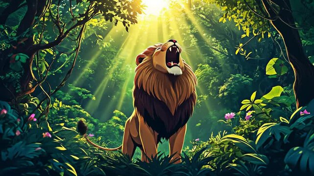 Powerful cartoon roaring lion in a lush jungle with morning sunlight.  Ideal for wildlife education or children's storytelling.