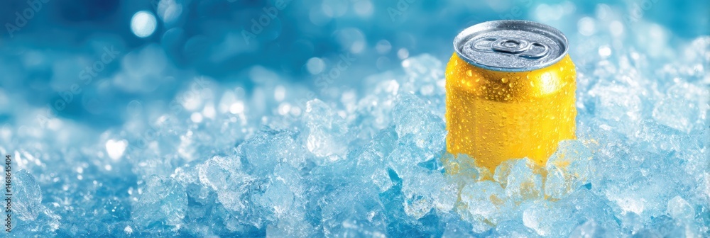 Poster bright yellow canned drink resting on ice, creating a refreshing atmosphere for summer enjoyment and