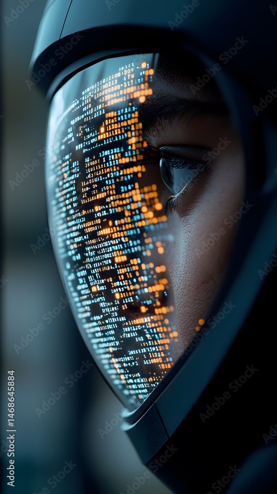 Poster closeup of a person wearing a futuristic helmet with digital code displayed on visor