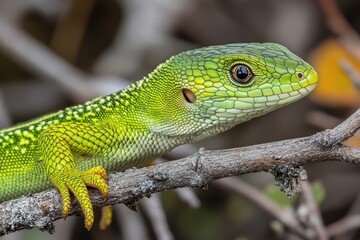 Fototapeta premium Bright green lizard sits on a branch with detailed scale texture. Perfect for wildlife, nature, or reptile themed design projects.