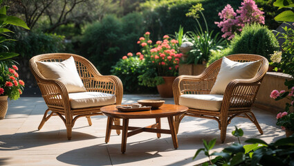 Elegant patio setting with rattan chairs, a table, and blooming flowers on a sunny day.