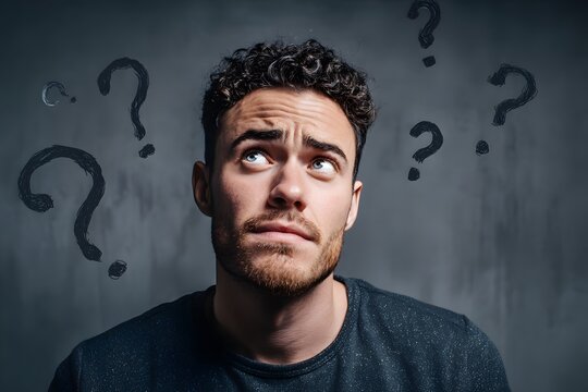 Pensive young man looking up with question marks around his head, symbolizing confusion or uncertainty