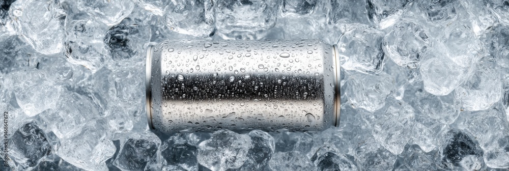 Poster canned drink surrounded by ice with droplets in a clear middle zone on a warm summer day generative 